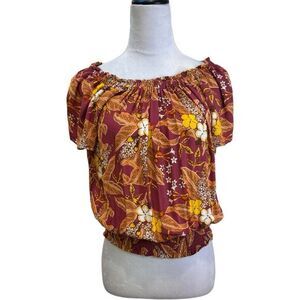 Floral‎ Smocked Off Shoulder Blouse Top Red Yellow Autumn Print